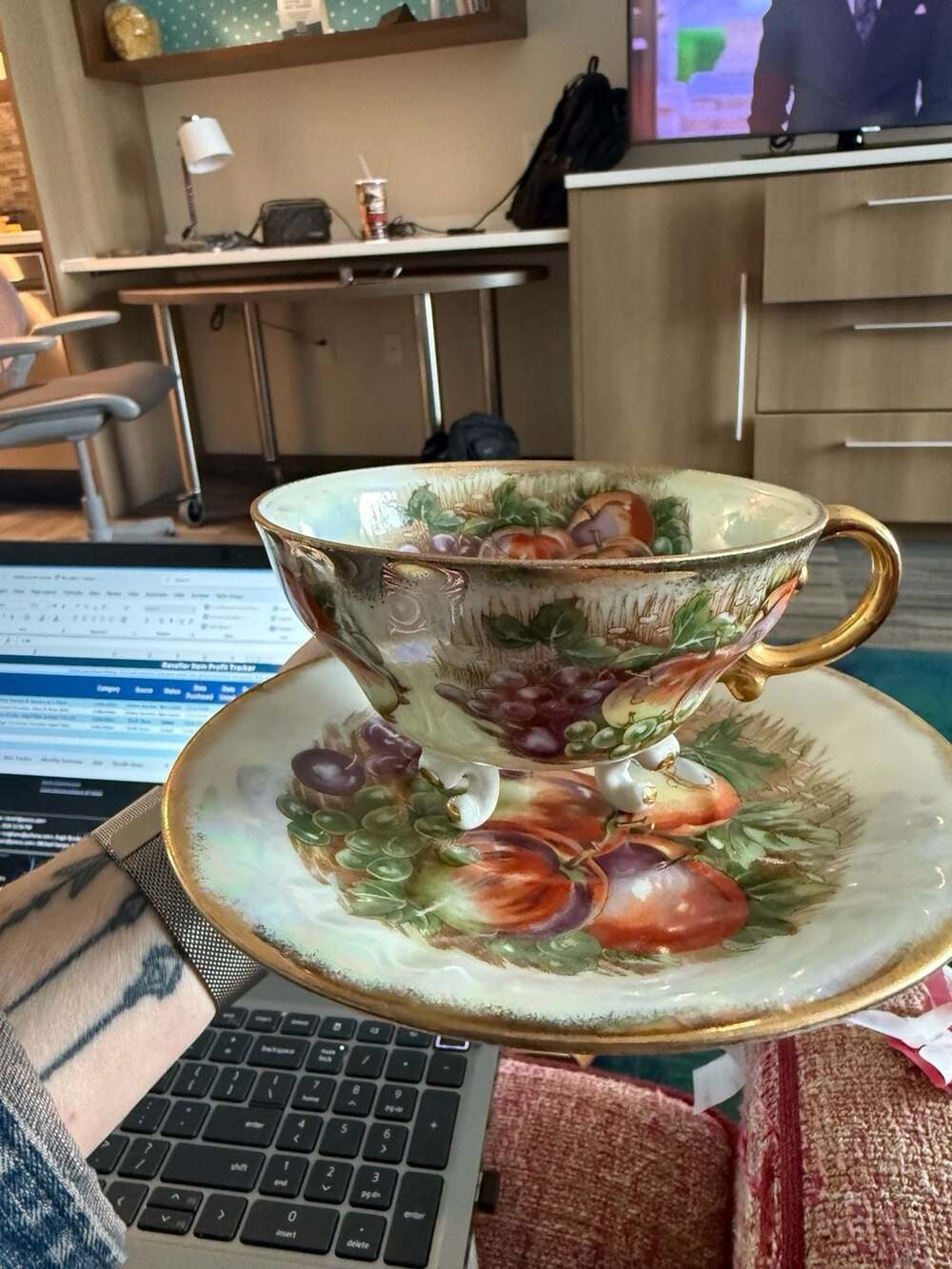 Vintage Royal Sealy Iridescent Footed Teacup and Saucer with Fruit Harvest Motif
